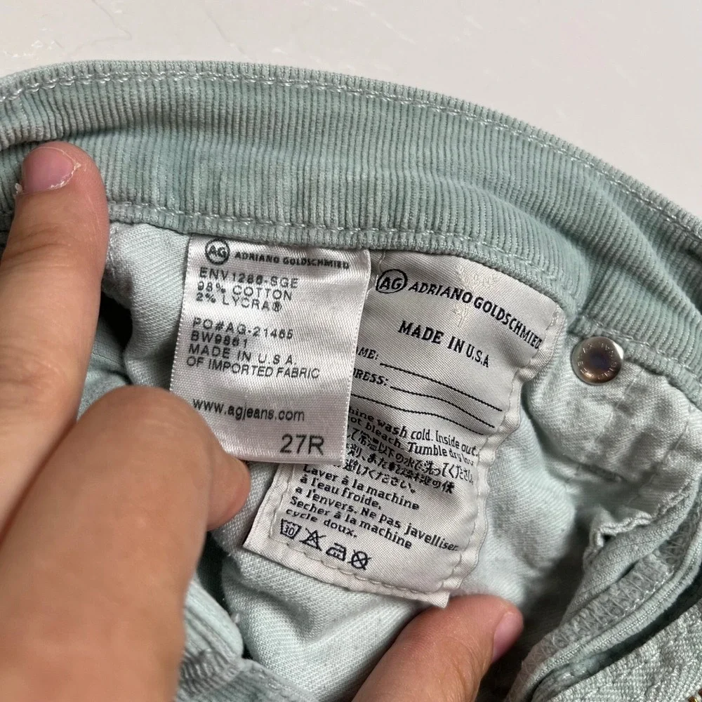 AG The Stevie Slim Straight Corduroy Pants‎ Mint Green Casual Size 27
